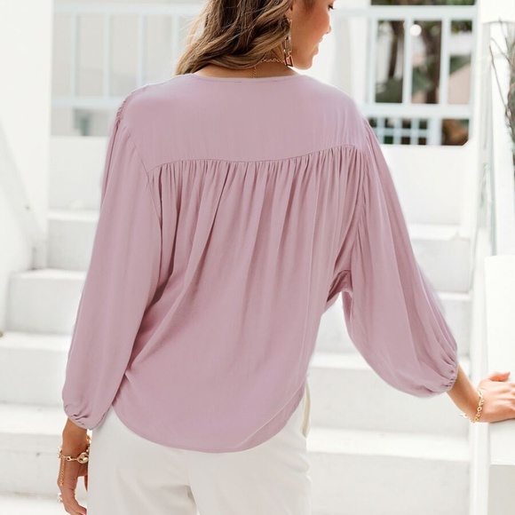 Dusty blue Satin silky lantern sleeve surplice Top - Picture 6 of 7